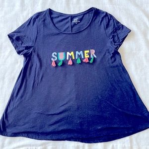 Women’s medium Crown & Ivy navy tee shirt with tassels. Great condition